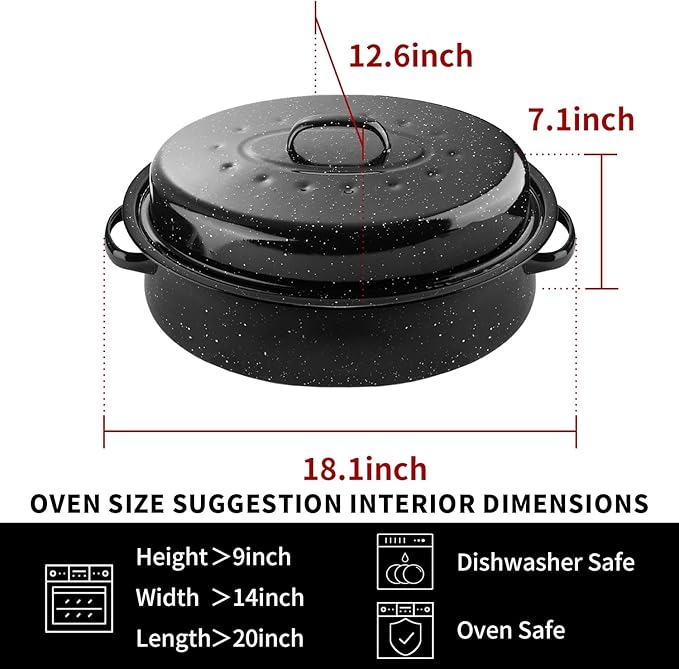 DIMESHY 18Inch Roasting Pan, Enamel on Steel, Black Covered Oval Roaster Pan with Lid, Large Cookware for Turkey, Small Chicken, Roast Baking Pan.