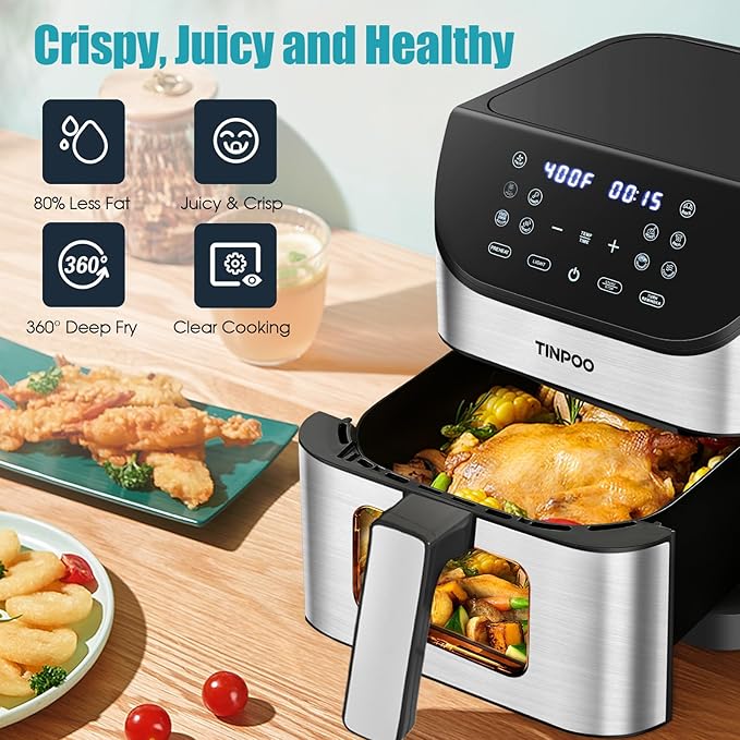 Air Fryer TINPOO 6.2 QT Oilless Large Capacity 1500W Oven Air Fryers Healthy Cooker with 10 Preset, Visual Cooking Window, Non-Stick Basket