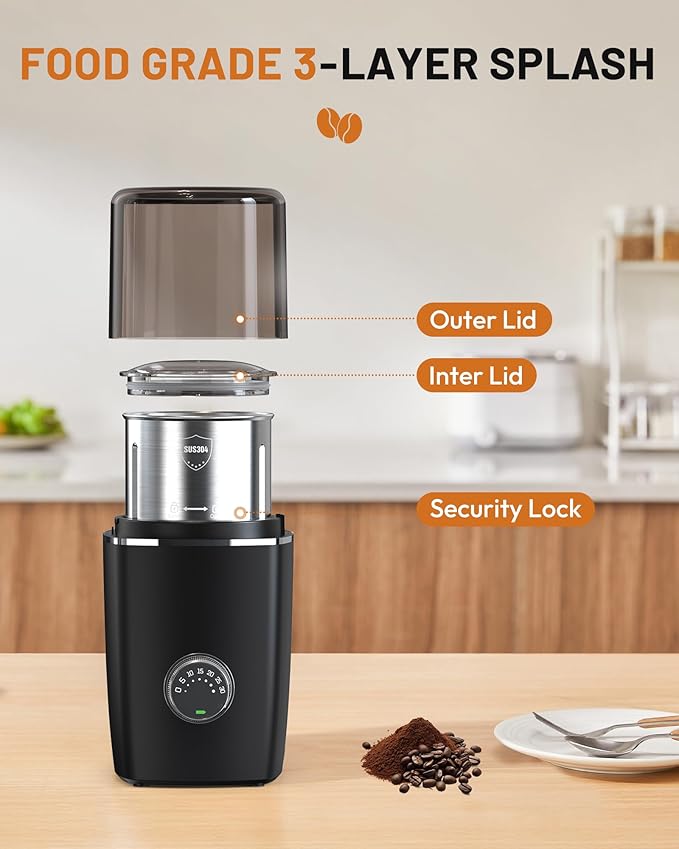 CEVING Hands-Free Blade Coffee Grinder, Cordless Coffee Mill with 5-30S Adjustable Grinding, Triple-Lock Safety & 1500mAh Rechargeable Battery with Removable Bowl, Portable for Camping, Travel, etc.