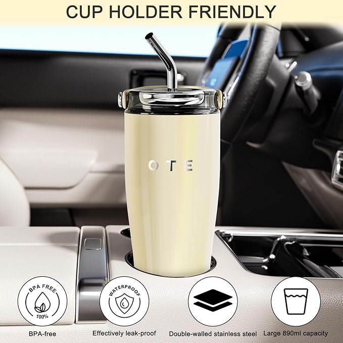 OTE 30OZ Tumbler with Handle, 316 Stainless Steel Water Bottle with Straw, 800ML Vacuum Insulated Bottle, Insulated Travel Mug, Tumbler for Office or Home, Cup Holder Friendly, Keep Hot/Cold (Black)