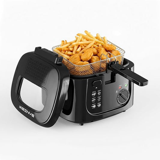 KEINVE 1500W Electric Deep Fryer with 3 Temperature Settings, 2.5L Oil Fryer with Non-Stick Basket & Viewing Window, Folding Handle and Locking Cover for Easy Storage, Black