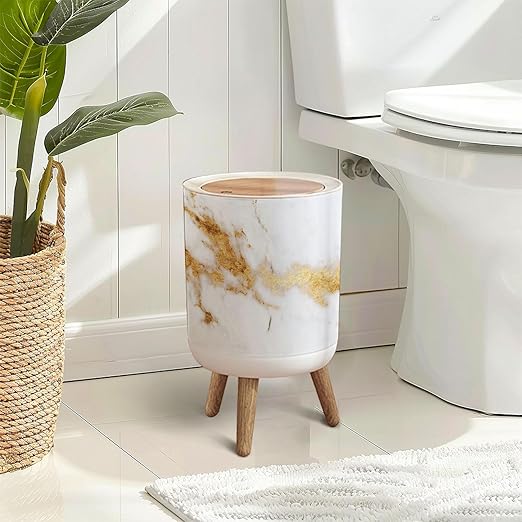 Trash Can with Lid White Gold Marble Texture Design Press Top Round Small Garbage Bin with Wooden Legs Waste Basket for Kitchen Bedroom Nursery 7L/1.8 Gallon