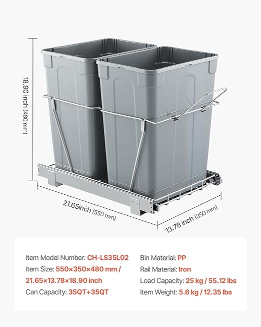 VEVOR Pullout Trash Can for Kitchen Cabinets, 35 QT x2 Double Under Sink Garbage Waste Recycling Bin, Under Mount Waste Container, with Heavy Duty Metal Full Extension Sliding System and Handle Grey