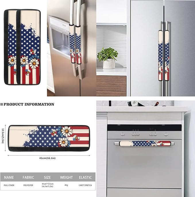 American Flag Daisy Flowers Refridge Door Handle Covers Set of 6, July 4th Independence Day Refrigerator Door Handle Covers Kitchen Fridge Microwave Dishwasher Door Handle Protector