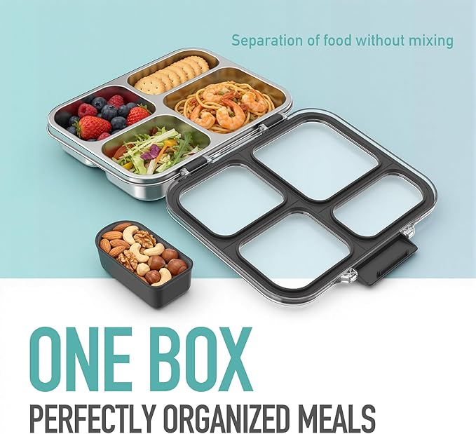 Stainless Steel Bento Box for Kids with Silicone Container, 4 Compartment Metal Lunch Box Kids Adults, Removable Silicone Seal & Clear Lid, Leak Proof Food Storage Container for MealBlack