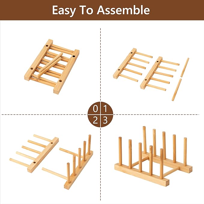 HBlife 4pcs Bamboo Dish Plate Bowl Cup Book Pot Lid Cutting Board Drying Rack Stand Drainer Storage Holder Organizer Kitchen Cabinet（Keep Dry）