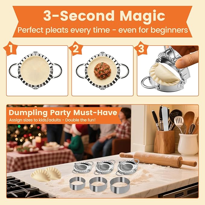 3-in-1 Stainless Steel Dumpling Maker Set - Professional Dumpling Press & Empanada Mold with Dough Cutters (3", 3.4", 3.8") | Includes Stuffing Scoop | Dishwasher Safe