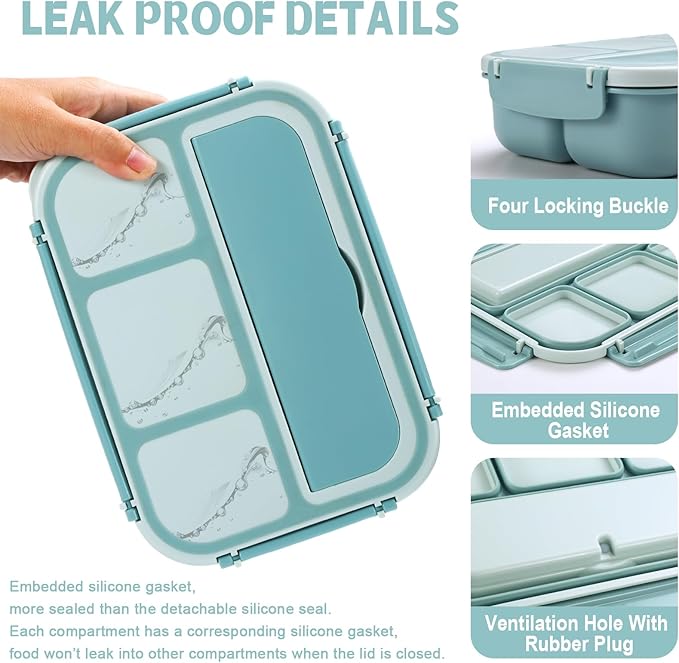 shell and turtle Bento Box Adult Lunch Box, Lunch Containers for Kids Girls Boys with 4 Compartments, Lunchable Food Container with Utensils, Sauce Jar, Muffin Liners, 40 Oz/5 Cup, Light Teal