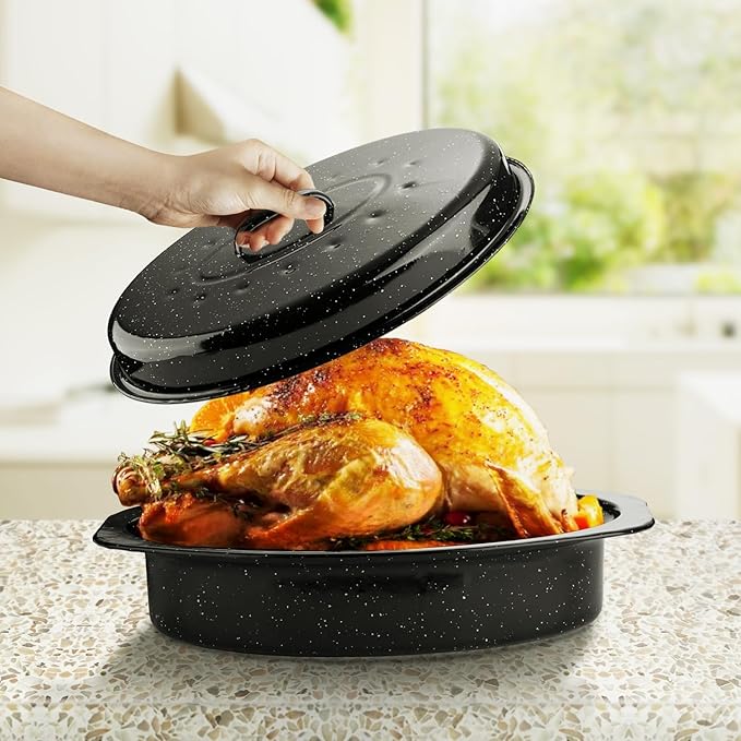 19Inch Roasting Pan, Enamel on Steel, Black Covered Oval Roaster Pan with Lid, Medium Cookware for Turkey, Small Chicken, Roast Baking Pan.