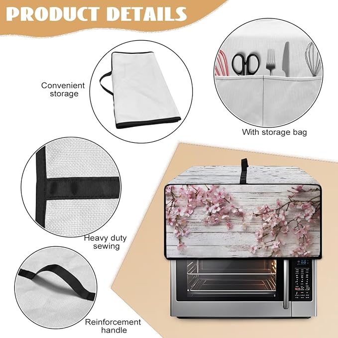 Air Fryer Toaster Oven Dust Cover Countertop Microwave Dust Cover Protector, Compatible with Convection Oven, S, 14.5 x 18.5 x 9 Inches, Peach Blossom White Wood Grain