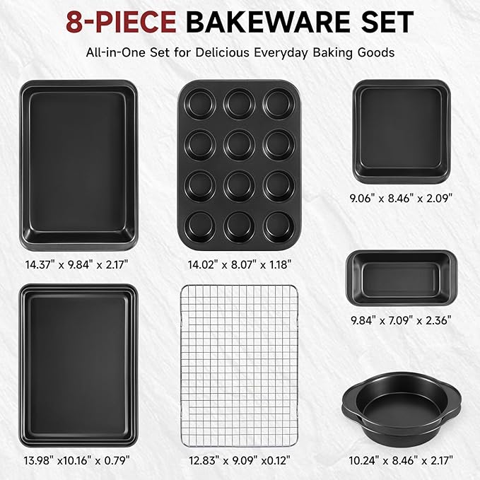 Unokit 8-Piece Nonstick Baking Pans Set - Stainless Steel Bakeware Set Stackable Trays with Cookie Sheets, Cake, Loaf, Round & Square Pan and Cooling Rack, Dishwasher & Oven Safe