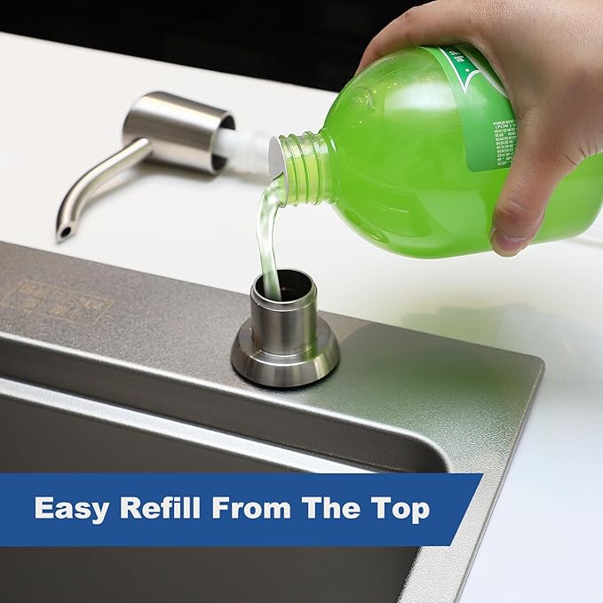 Soap Dispenser for Kitchen Sink, Sink Soap Dispenser Pump, Kitchen Sink Soap Dispenser Built-in with Top Refill Design, Brushed Nickel ABS Head with 12 Ounce Bottle