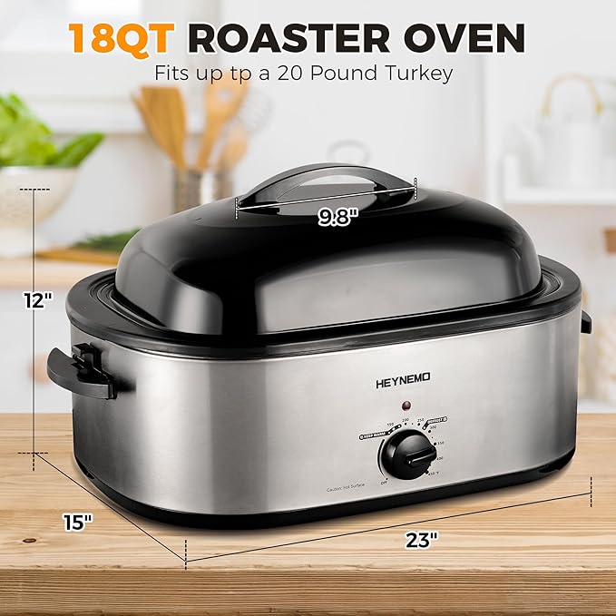 18Qt Turkey Roaster Oven Buffet with Self-Basting Lid, 1450W Electric Roaster Pan with Cool-Touch Handles, Stainless Steel Roaster Oven with Removable Pan and Rack, Silver