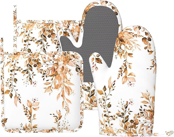 Orange Eucalyptus Oven Mitts and Pot Holders Set, 4pcs Silicone Fall Watercolor Plant Leaves with Floral Oven Glove for Kitchen Heat Resistant Oven Mitts and Potholders Non-Slip for Cooking