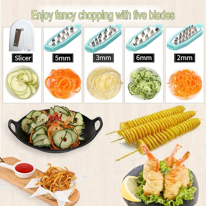 Ourokhome Rotary Cheese Grater Hand Crank, Kitchen Shredder Speed Mandolin Slicer, Zucchini Noodle Maker Spaghetti Spiralizer - 5 Blades Vegetable Slicer