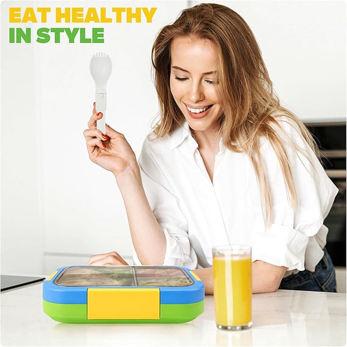 EASYFUN Bento Box Adult, Lunch Box, 3-Compartment Lunch Containers, Drop-Proof, Dishwasher Safe & Made with BPA-Free Materials (Blue green)
