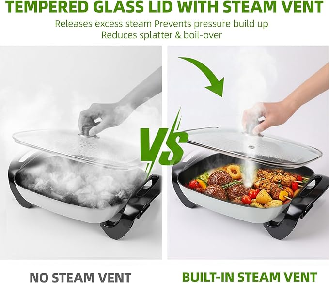12" Ceramic Nonstick Electric Skillet with Tempered Vented Glass Lid, Scratch-Resistant Surface, Cool-Touch Handles, Removable Easy-to-Clean Design, 1200W, Vibrant Green
