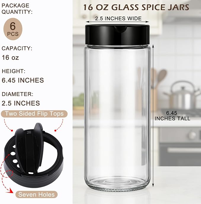 6 Pack 16 oz Glass Spice Jars with Shaker Tops Lids Large Spice Bottle with Lids for Kitchen, Herbs, Sugar, Pantry Herb Salt Pepper Storage (Round)