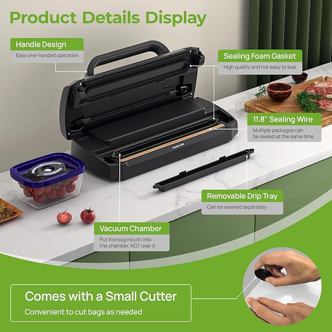 Vacuum Sealer for Food, 90kpa Powerful Food Sealer Vacuum Sealer Machine for Food Saver, 7-in-1 Multiple Modes for Dry/Moist, Easy-Lock Handle, Compact Design with 10 Vacuum Bags, Bag Cutter Included