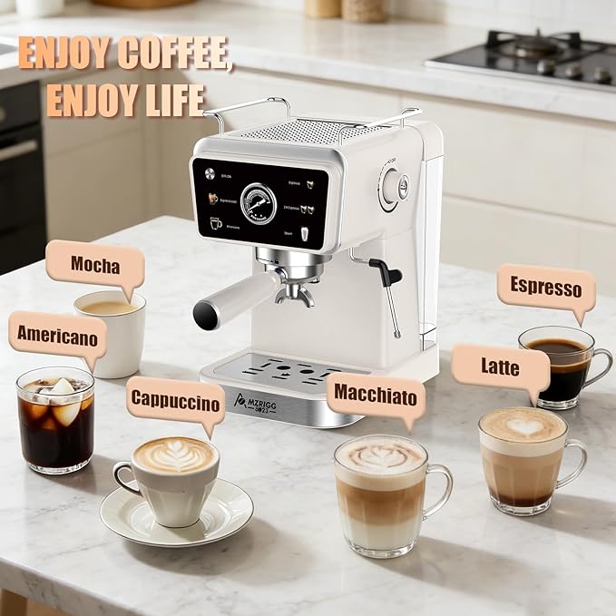 20 Bar Semi-Automatic Espresso Machine, 1350W Fast Heating, 1.5L Removable Water Tank, Milk Frother Steam Wand, Cup Warmer, White, for Home/Office, Coffee Beginners & Baristas