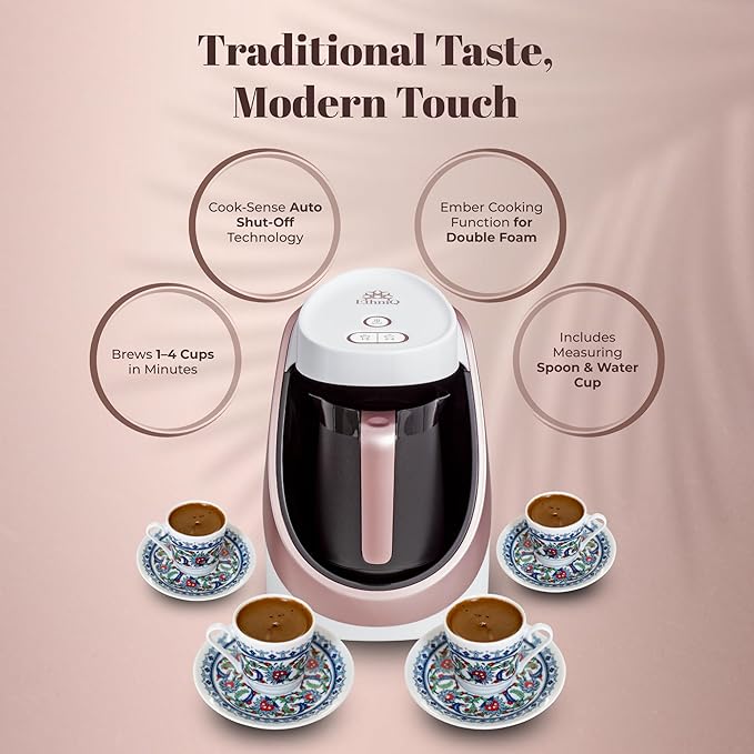 ETHNIQ Turkish Coffee Maker - 100% BPA Free, 120V, 1 to 4 Cup Brewing Capacity with Cook Sense Technology for Delicious Cup of Turkish & Greek Coffee, Turkish Coffee Pot (White)