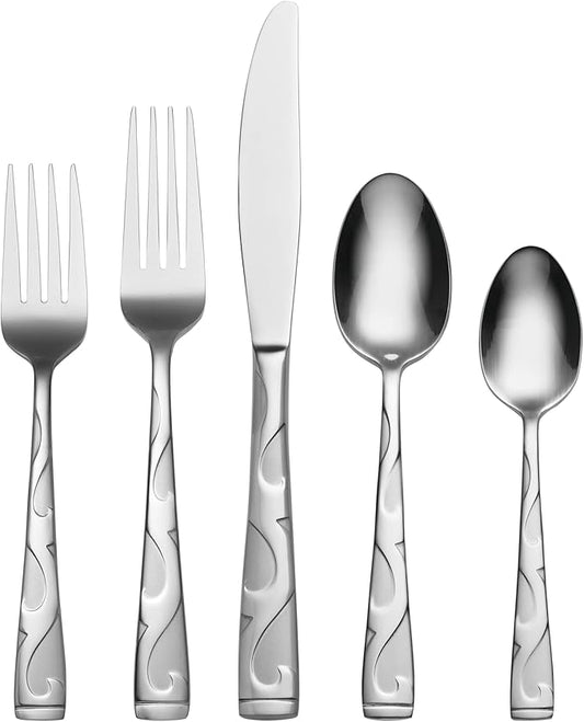 Oneida Silverware Set For 8, Tuscany 45-Piece Everyday Flatware Set with Serving Utensils, Service For 8, 18/0 Stainless Steel, Dishwasher Safe, Knives Spoons And Forks Sets, Dining (Silver, 45 Piece)
