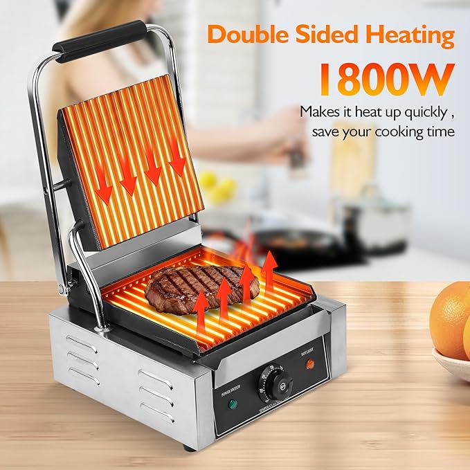 1800W Indoor Electric Grill & Double-Sided Griddle, 50-300°C Adjustable Temperature, 9.1x9.4" Non-Stick Surface for Grilling Steak, BBQ, Sandwiches & Panini, Commercial & Home Kitchen Use