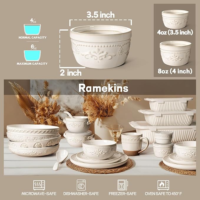 Artena Ramekins Oven Safe, Creme Brulee Ramekins, Embossed White Ceramic Ramiken, Souffle Pudding Custard Cups, Baking Dish, Dipping Bowls, Sauce Cups, Set Of 4 (Multiple Patterns, 4 oz)