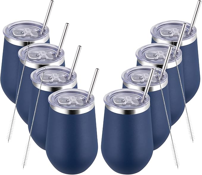 MEWAY 12oz/8 Pack Wine Tumbler Glasses with Lid - Stemless Double Wall Vacuum Stainless Steel Tumbler Keeping Cold & Hot for Wine,Drinks - Family and Gifts, Ideal for Travel and Office(Navy,Set of 8)