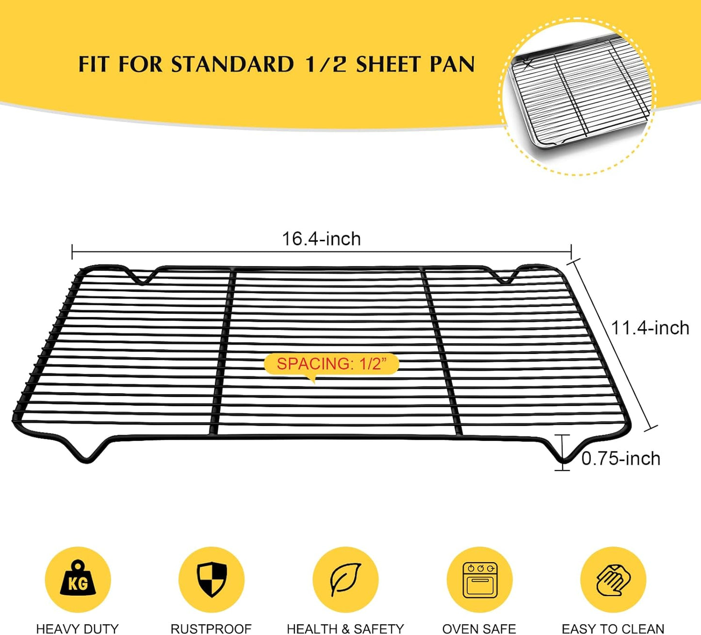Cooling Rack Set of 2, E-far 1/2 Sheet Baking Racks for Oven Cooking Roasting Grilling, Non-stick 16.4” x 11.4” Wire Rack for Cookie Cake Bacon Meat Resting, Non-toxic & Easy to Clean
