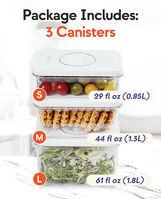 Vacuum Food Storage Canister Set (3 pcs) – BPA-Free, Durable Food Containers for Vacuum Sealer Machine, Extend Freshness 3-5X, Freezer Safe
