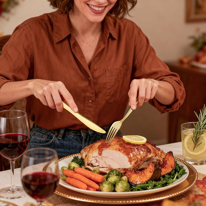 WDF 180 Pieces Disposable Plastic Gold Silverware Cutlery - Disposable Flatware Set 60 Forks, 60 Knives and 60 Spoons - Heavy Duty Gold Plastic Cutlery - Utensils for Party, Wedding, Thanksgiving