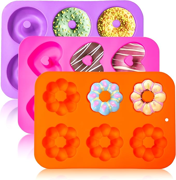 Silicone Donut Pan 3pcs Non-Stick Doughnuts Baking Pans for Donuts, 6 Cavity Heritage Bundtlette Cake Silicone Mold for Baking (Orange+Pink+Purple)