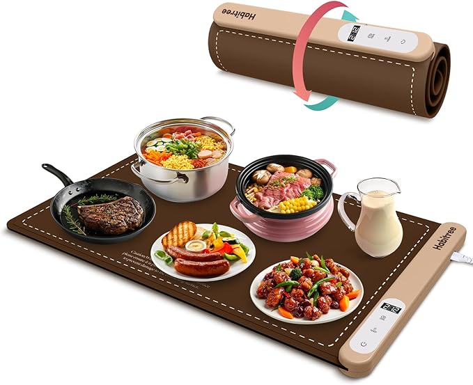 Warming Silicone Mat for Food - Day Gifts Kitchen Gadget, Graphene Rapid Heating, Warming Tray with 6-Level Temp Control, Rollable, Easy Clean - for Parties, Gatherings (Brown)