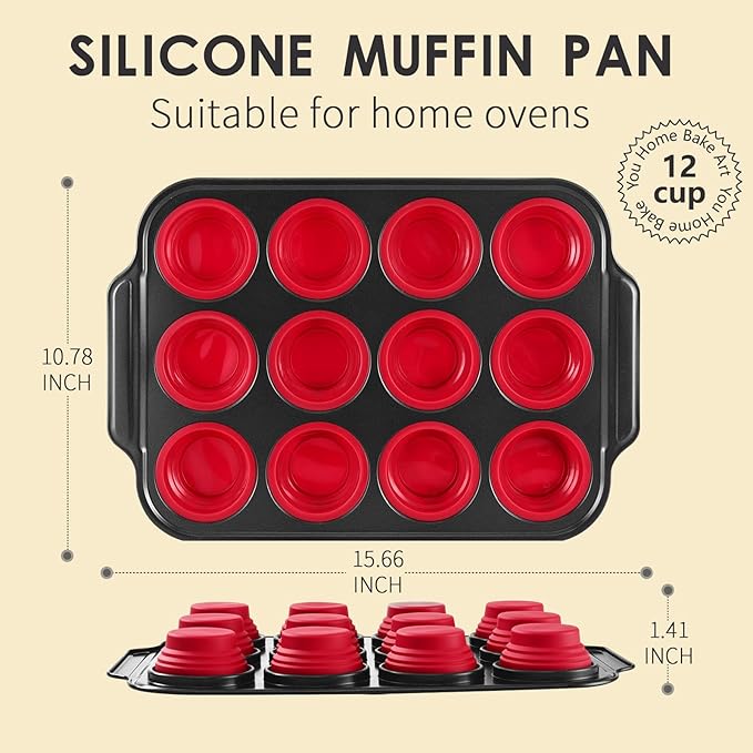 Silicone Muffin Pan, 2024 New Metal Frame Muffin Tin Egg Bites Cupcake Pan, Silicone Mini Muffin Pans for Baking Nonstick 12, Oven and Dishwasher Safe Silicone Molds, Red