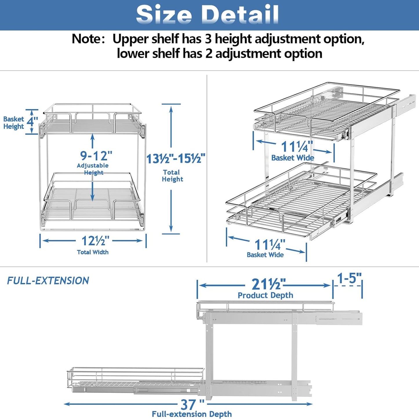 ROOMTEC Individual Pull Out Cabinet Organizer (12½" W x 21½" D), 2 Tier Spice Rack Organizer for Cabinet, Slide Out Drawer Pantry Shelf Organization and Storage for Kitchen Bathroom