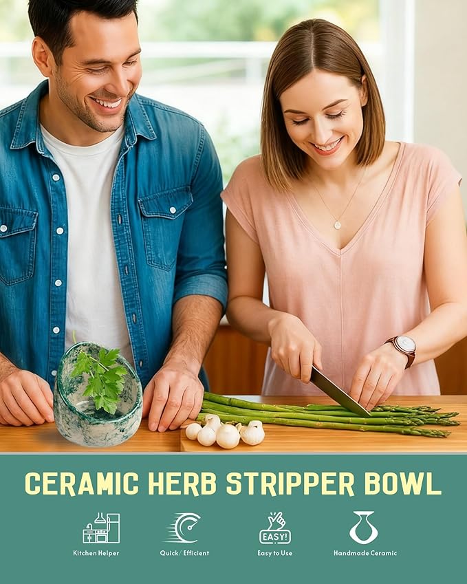 Handmade Ceramic Herb Stripper Bowl – Pottery Leaf Peeling Tool for Herbs & Greens, Multifunction Kitchen Gadget for Quick Herb Stripping & Grinding (Jade Green)