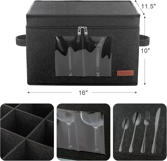 Foyego 2 Pack Wine Glass Storage Box with Dividers, Stemware Storage Containers for Packing and Moving, China Storage Containers Box for 12 Crystal Glassware, Wine Glasses, Drinkware,Dark Gray