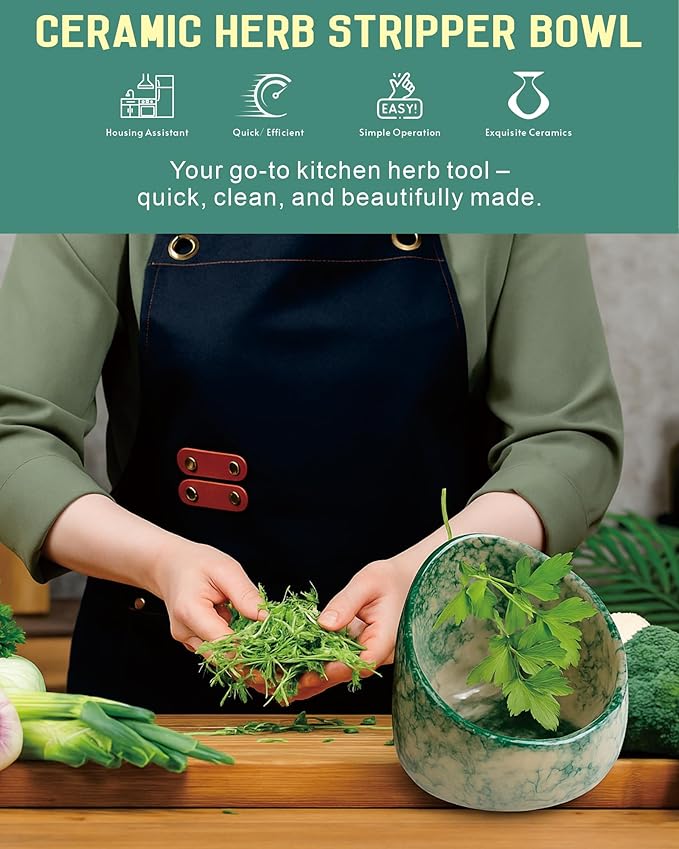 Handmade Ceramic Herb Stripper Bowl – Pottery Leaf Peeling Tool for Herbs & Greens, Multifunction Kitchen Gadget for Quick Herb Stripping & Grinding (Jade Green)