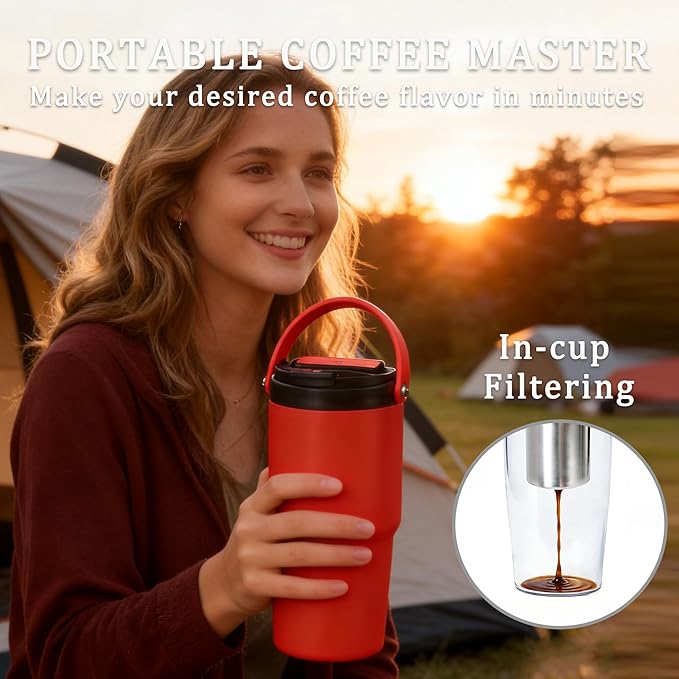 minkah Fast Extraction Mini Electric Coffee Maker - Portable Filter Coffee Brewer for Travel,Insulated Stainless Steel Tumbler,30 oz Reusable Iced Coffee Cup Machine,Hot Coffee Mug with Lid (White)