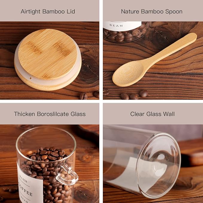 CZZGSM Glass Jar with Bamboo Lid and Spoon - 4 Pcs 17 oz Sugar Container with 132 Food Pantry Labels - Glass Containers with Wooden Lids Hold Coffee, Tea, Candy