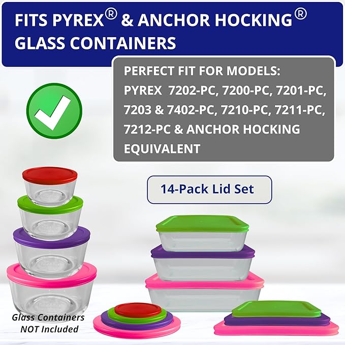 Klareware 1 Cup 2 Cup 3 cup 4 cup 6 cup 7 Cup 11 cup Round Plastic Food Storage Replacement Lids Covers for Klareware Anchor Hocking and Pyrex Glass Bowls (Container not Included) (14 Pack) (Pink,