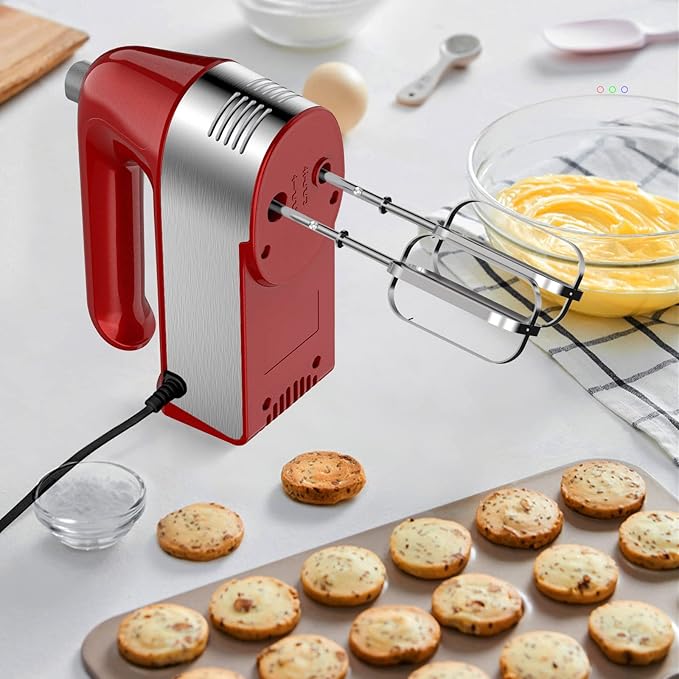 Hand Mixer Electric, 450W Kitchen Mixers with Scale Cup Storage Case, Turbo Boost/Self-Control Speed + 5 Speed + Eject Button + 5 Stainless Steel Accessories, For Easy Whipping Dough, Cream, Red