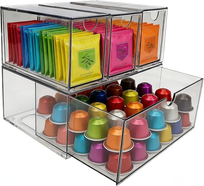 6-Pack Tea Bag Drawers Organizer – Clear Plastic Tea Bag Holder, Stackable & Portable, Wide Storage Drawers for Cabinet, Pantry, Kitchen Counter, Herbal Tea, Coffee Pods (4-Tier)
