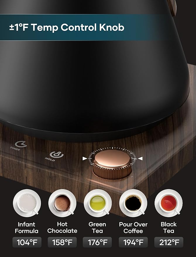 INTASTING Electric Kettle, Gooseneck Electric Kettle, ±1℉ Precise Temperature Control, Stainless Steel Interior, Quick Heating for Pour Over Coffee, Tea & Boiling Water, 0.9L (Onyx Black)