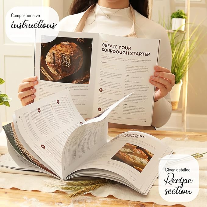 CraftZee All-Inclusive 𝗣𝗥𝗘𝗠𝗜𝗨𝗠 Sourdough Starter Kit with Pot, 34 Oz Starter Jar, 4 Banneton Bread Proofing Baskets, Scraper, Scale, Sourdough Bread Baking Supplies, Beginner Guide & Recipes