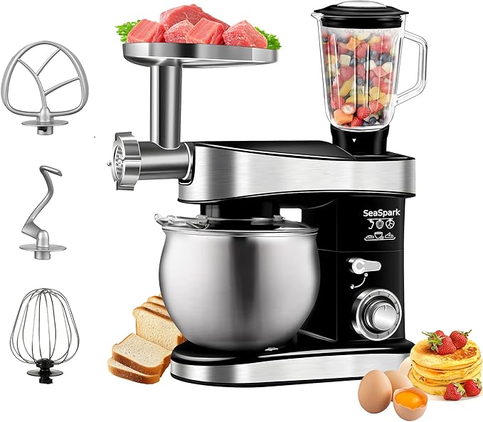 Multifunctional Stand Mixer, 6 in 1 Stand Mixer, 6.3Qt Tilt-head, Standing Mixer with Stainless Steel Bowl, Meat Grinder, Juice Blender, for professional Baking and Most Home Cooks, Black