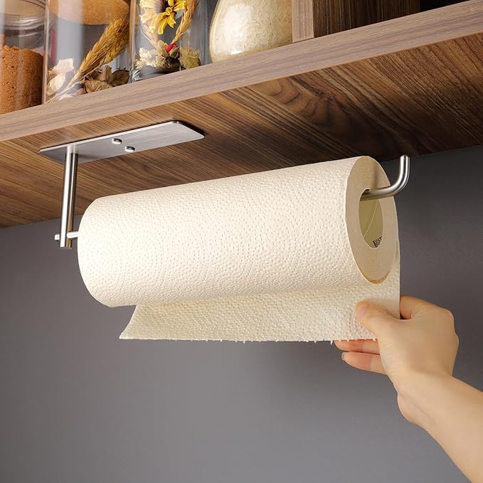 ZUNTO Paper Towel Holder Under Cabinet, Adhesive and Screwed Paper Towel Rack, 12.4 Inch Paper Towel Roll Holder for Kitchen, Bathroom, RV, Easy One-Handed Tear (Silver)