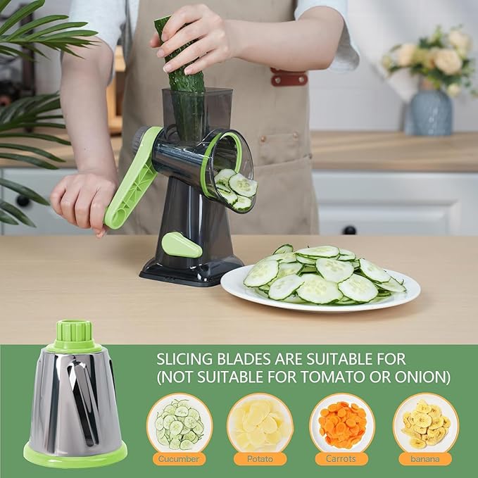 Rotary Cheese Grater Multi-Purpose Stainless Steel Shredder- Cheese Grater With handle Effortless Grating of Vegetables, Nuts and Fruits,with Suction Base and Cleaning Brush (green)