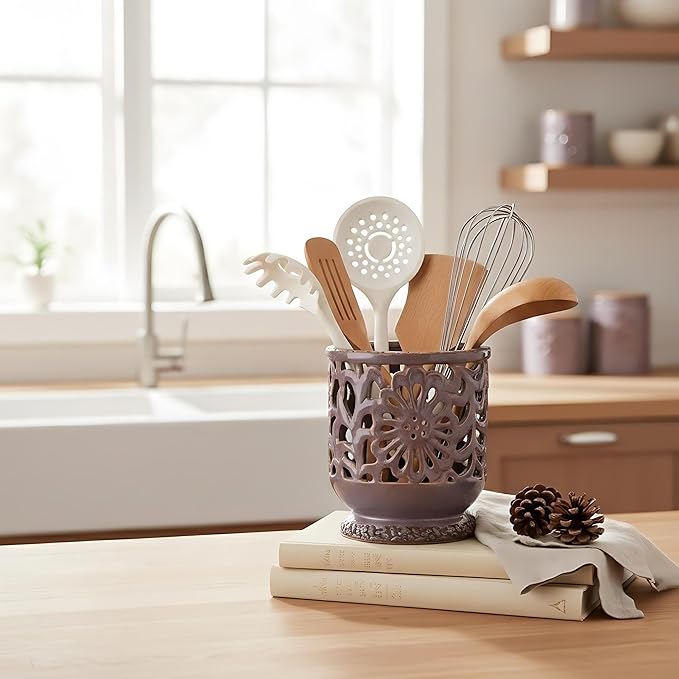 Farmhouse Kitchen Utensil Holder for Countertop, Ceramic Large Cooking Utensil Crock with Cork Mat, Decorative Rustic Utensil Holder for Kitchen Counter, Hollow Carving Flower, Purple